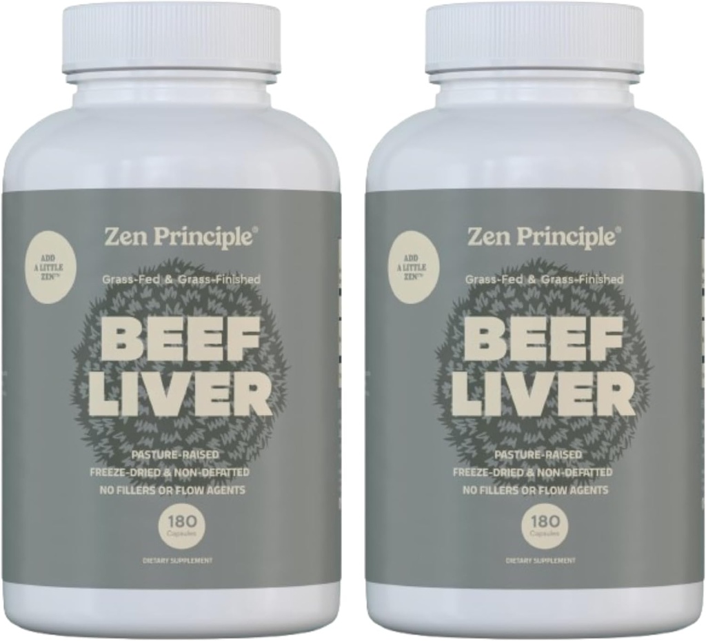 Zen Principle Beef Liver Suplemento Grass-Fed, Pasture-Raised Cows. Suplemento de hígado Desiccado, sin hormonas o GMO. Energía natural de Hierro, Proteína, Vitaminas. 2-Pack, 360 cápsulas.