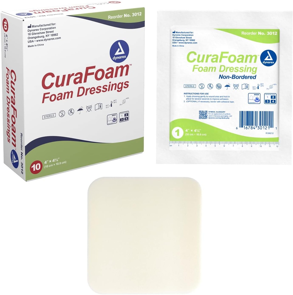 Dynarex 3012 CuraFoam Foam Dressing, Non-Bordered, Sterile, Provides Cushioned and Moist Wound Care, 4" x 4.25", Pack of 10