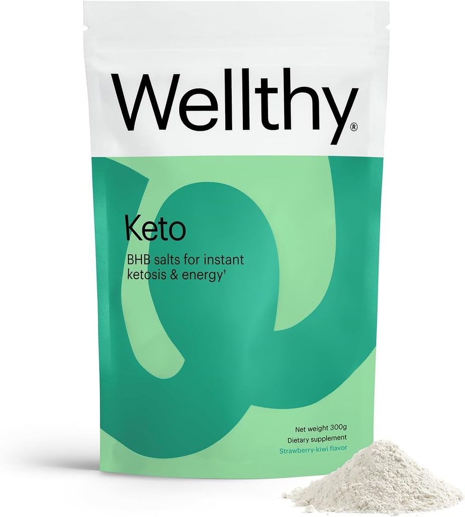 Wellthy Keto Power con BHB Salts for Instant Ketosis and Energy, Natural Strawberry Kiwi Flavor, 10.58 oz