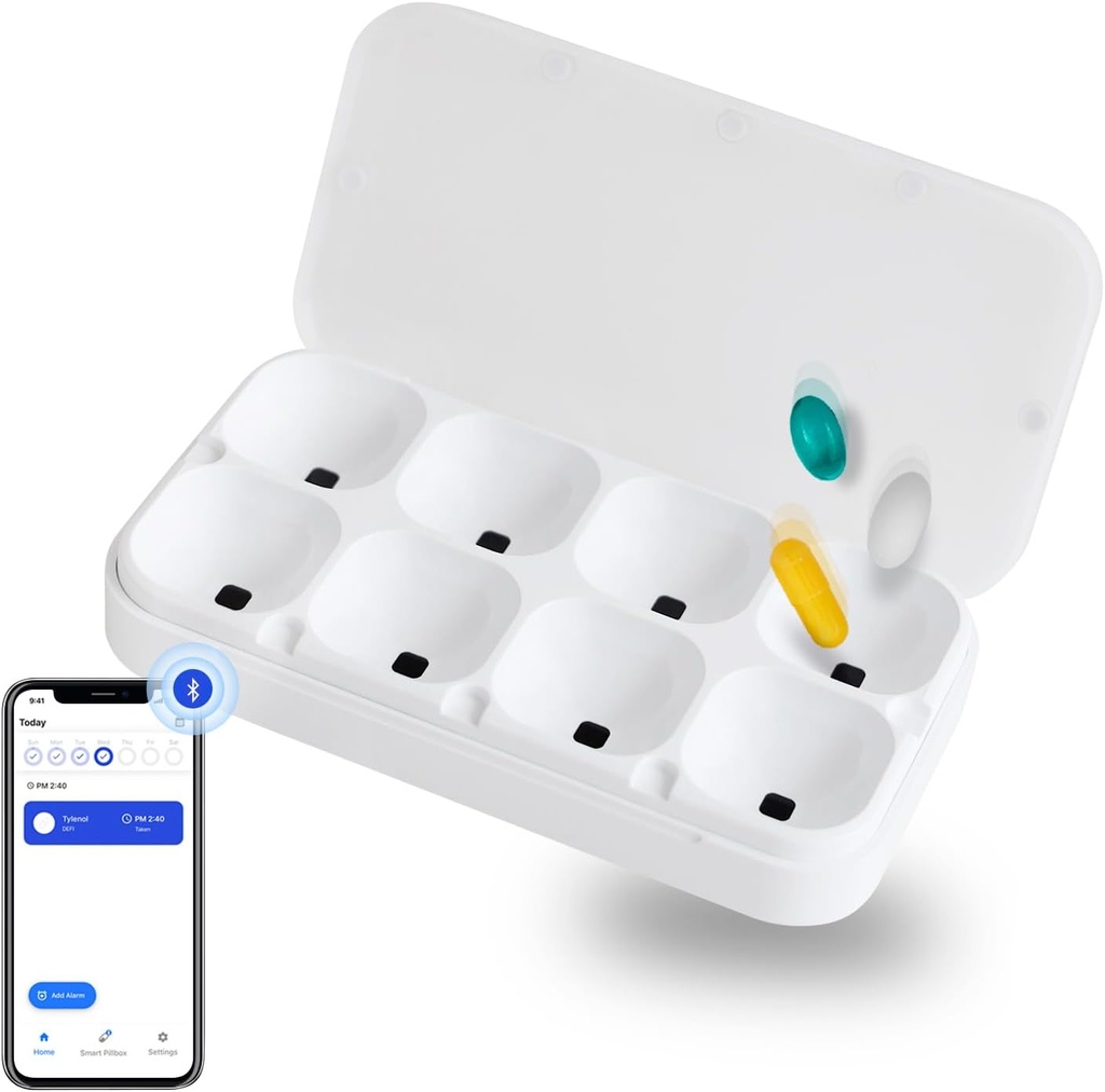DEFI Smart Pillbox, Grande, 8 Ranuras, Organizador de píldoras, Portable, Bluetooth, Fácil de usar, autocuidado, con Alarma, Sonido &amp; Luz, Daily, Compact Medicine Holder for Vitamins, Suplementos, Aplicación Free Reminder.