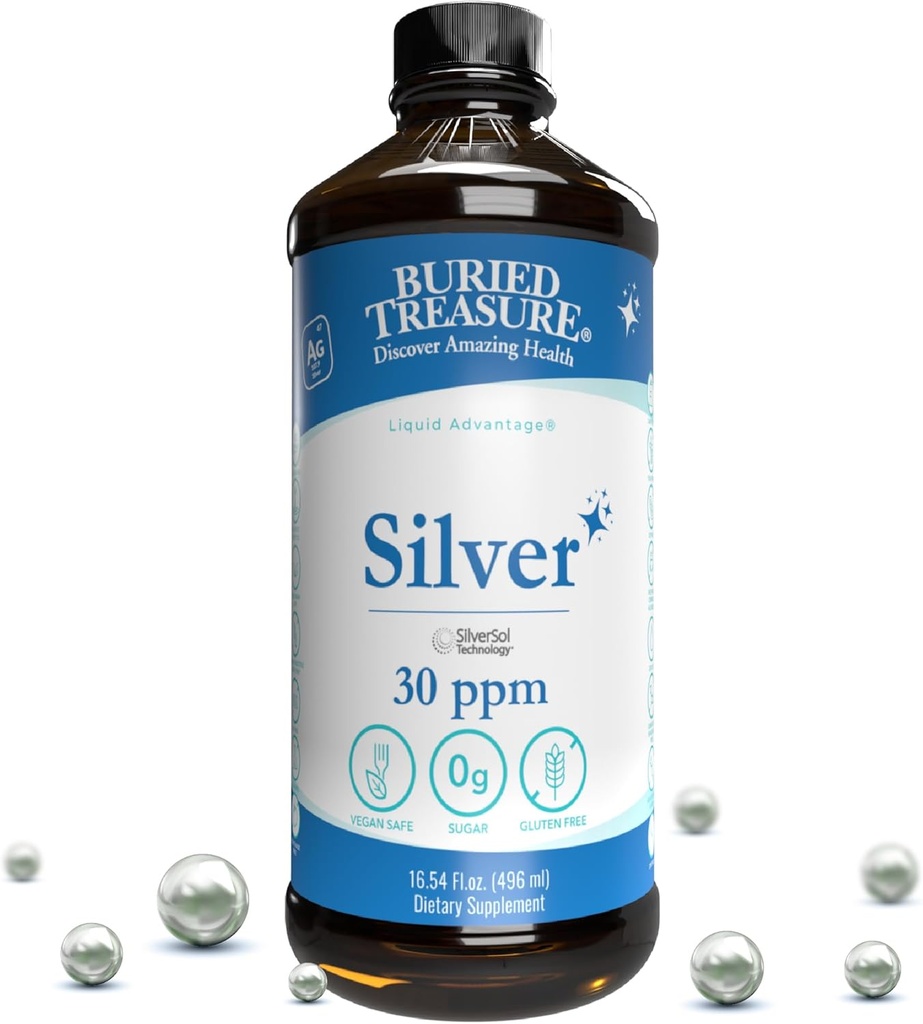 Buried Treasure Purified Silver Liquid 30 PPM - 16 oz. 96 Servings, Non-Accumulative Nano Silver Solution, Spray & Dietary Immune Supplement