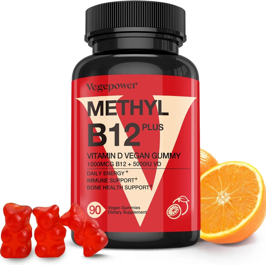 Vitamina Vegana D3 &amp; B12 Gummies, Metil B12 Suplemento para Adultos &amp; Niños, Mejorado con Vitamina D 3 para Energía Natural, Inmune, Metabolismo & Focus, Orange, 90 Gummies