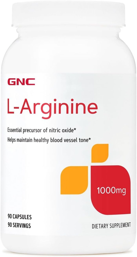 GNC L Arginine 1000mg Suplemento, apoya el tono saludable del vaso sanguíneo, 90 piezas