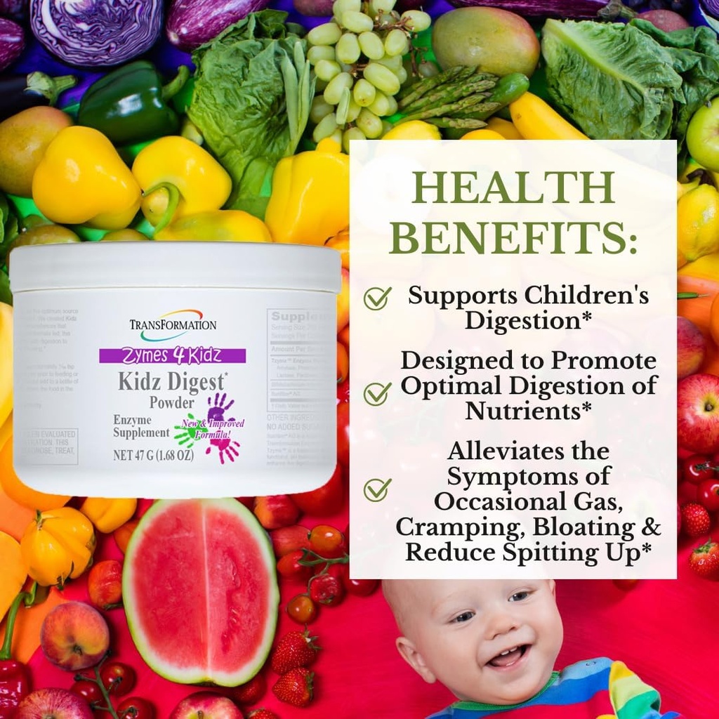 TRANSFORMACIÓN LA GENESIS DE LA BUENA SALUD Enzymes Digest Powder, Apoyo Digestivo Natural para Niños, Apoya la Digestión Saludable " Aliviar Los síntomas de gas, calambre, ruborización, fácil de mezclar, 47g