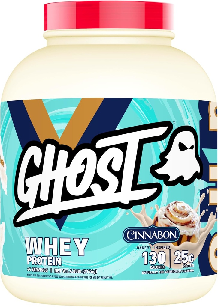 GHOST Whey Protein Powder, Cinnabon - 5LB, 25G de Proteína - Cinnamon Roll Flavored Isolate, Concentrate & Hydrolyzed Whey Protein Blend - Post Workout Shakes - Soy &amp; Gluten Free