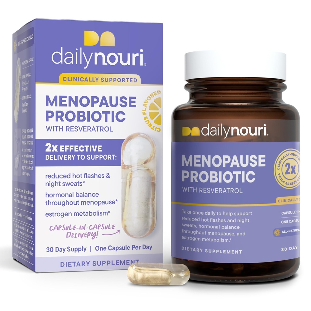 Daily Nouri Menopause Probiótico ← Soporta el equilibrio hormonal, estrógeno, Hot Flashes, Night Sweats, Bloating & Gut Health TEN 3 Clinically Studied Strains + Resveratrol & Vegan Omega Oil TEN 30-Day Supply