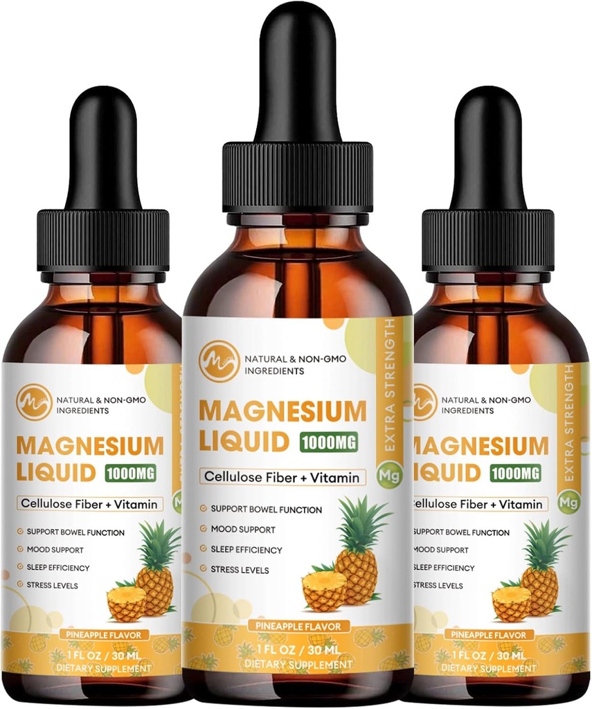 M pulgada (3 paquete) gotas de magnesio Glycinate - Suplemento líquido de magnesio 1000mg con fibra bromelaina vitamina B,C,D - 98% Absorción que píldoras Gummies