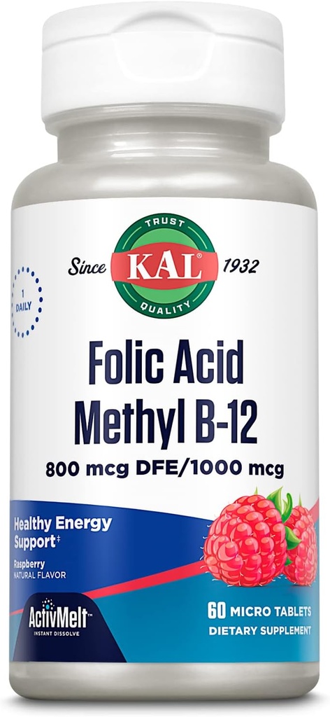 Kal 800 Mcg Folic Acid Methyl B-12 Tablets, Raspberry, 60 Cuenta