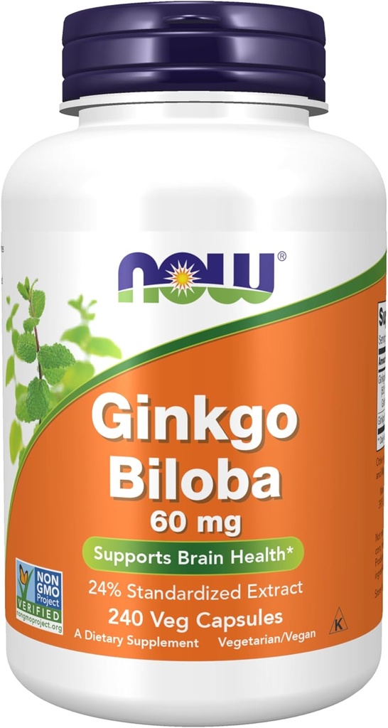 AHORA Suplementos Alimentarios, Ginkgo Biloba 60 mg, 24% Extracto Estándarizado, Proyecto No OGM Verificado, 240 cápsulas Veg
