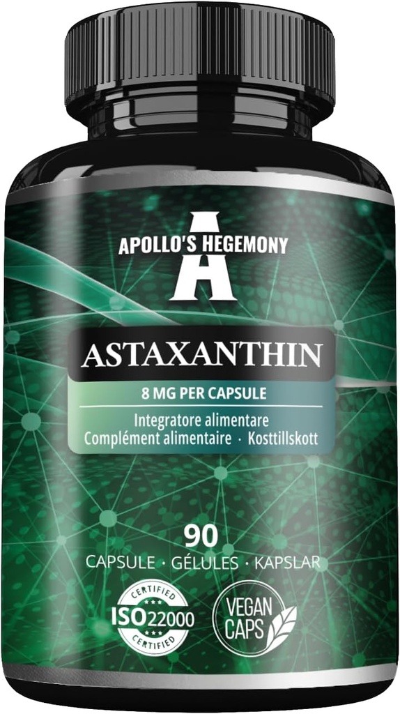 APOLLO'S HEGEMONY Astaxanthin 8 mg de Microalgae Haematococcus pluvialis - 90 cápsulas veganos - 3 meses Suministro - Potente antioxidante - Suplemento dietético