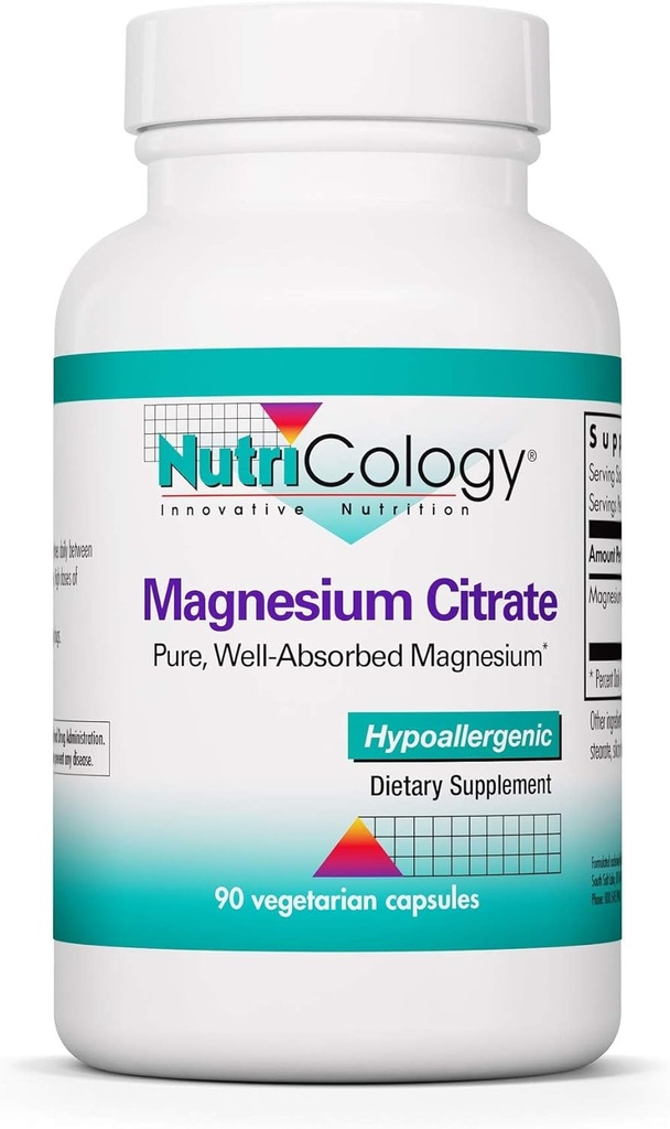 Nutricology Magnesium Citrate Suplemento - Bone & Stress Support, Pure, Well-Absorbed, Hypoallergenic, 170mg Vegetarian Capsules - 90 Count