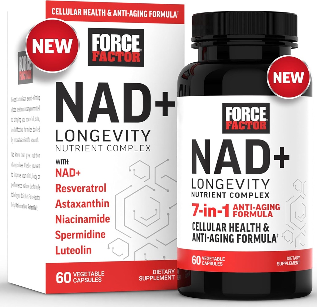 FORCE FACTOR NAD+ (NMN o Nicotinamide Riboside Alternative) con Resveratrol, Astaxanthin, Spermidine & Luteolin Complex, NAD para apoyar la salud celular y el envejecimiento saludable, 60 cápsulas