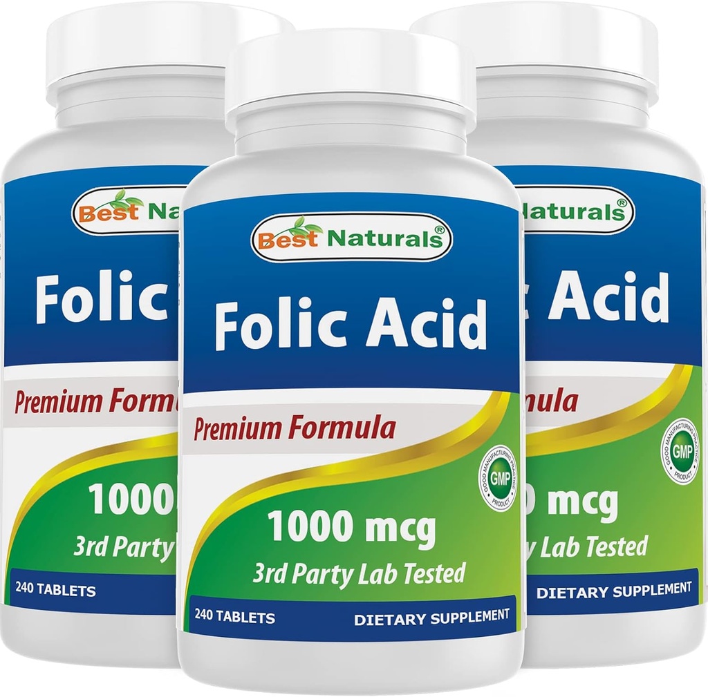 Best Naturals Folic Acid 1000 mcg (Vitamin B9), 240 Tabletas (1000 mcg (Pack of 3))