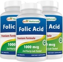 Best Naturals Folic Acid 1000 mcg (Vitamin B9), 240 Tabletas (1000 mcg (Pack of 3))