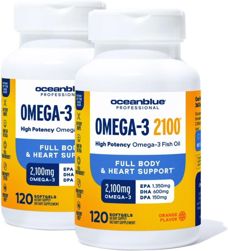 Oceanblue Professional 2100mg ← Triple Strength Omega 3 Fish Oil Supplement ← Burpless ← High Potency EPA DHA ← Wild Caught - 120 Count (Pack of 2) Natural Orange Flavor