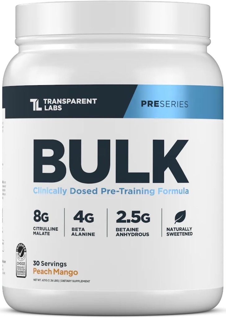 Laboratorios Transparentes Bulk Pre Workout Powder - Naturalmente Sweetened Advanced Pre-Workout Formula for Muscle Building and Strength - 30 Servings, Peach Mango