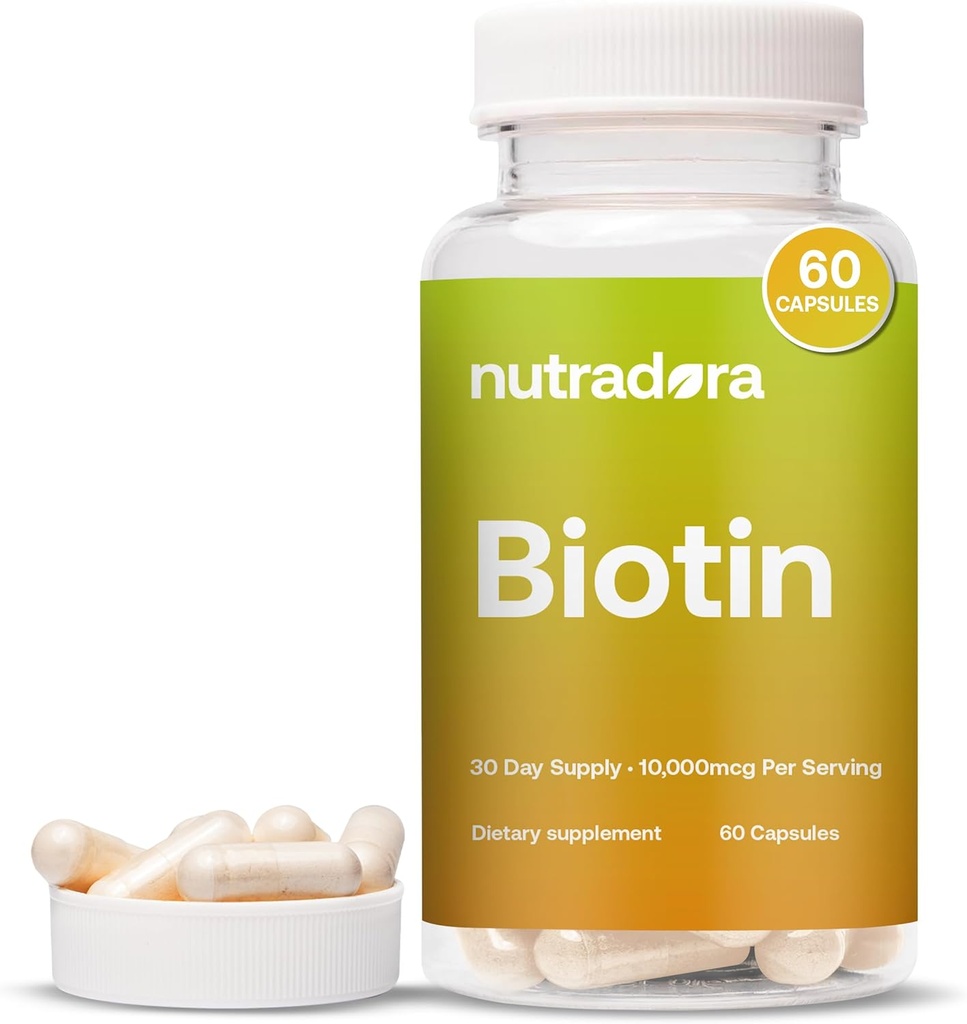 Biotina 10000mcg Cápsulas con Calcio para la piel del cabello y uñas - Naturalmente Producido Suplemento de Biotina para el crecimiento del cabello y la espesor 10.000mcg Cápsulas Vegan – Formulado en USA 60 Con