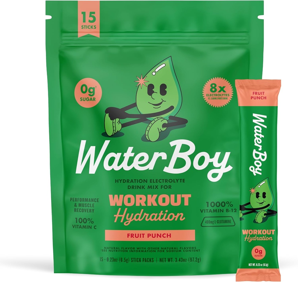 Waterboy Workout Hydration  2,960mg Sugar Free Electrolyte Powder Packets ← L-Glutamine + Vitaminas ← No Sugar, All Natural, Gluten Free ← 15 Drink Stick Mixes (Fruit Punch)
