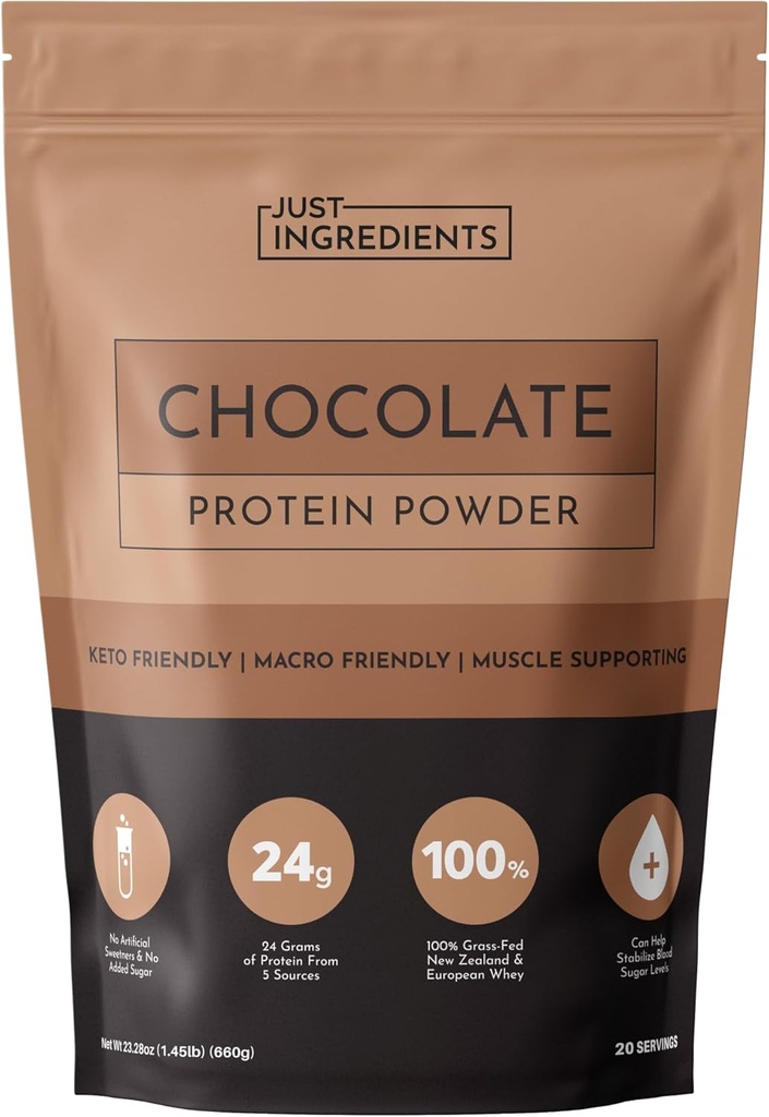 Just INGREDIENTES Chocolate Protein Powder – 20-Serving Blend with 100% Grass-Fed Whey & Organic Plant Proteins – Rich Cocoa Flavor – Supports Muscle Recovery, Energy*
