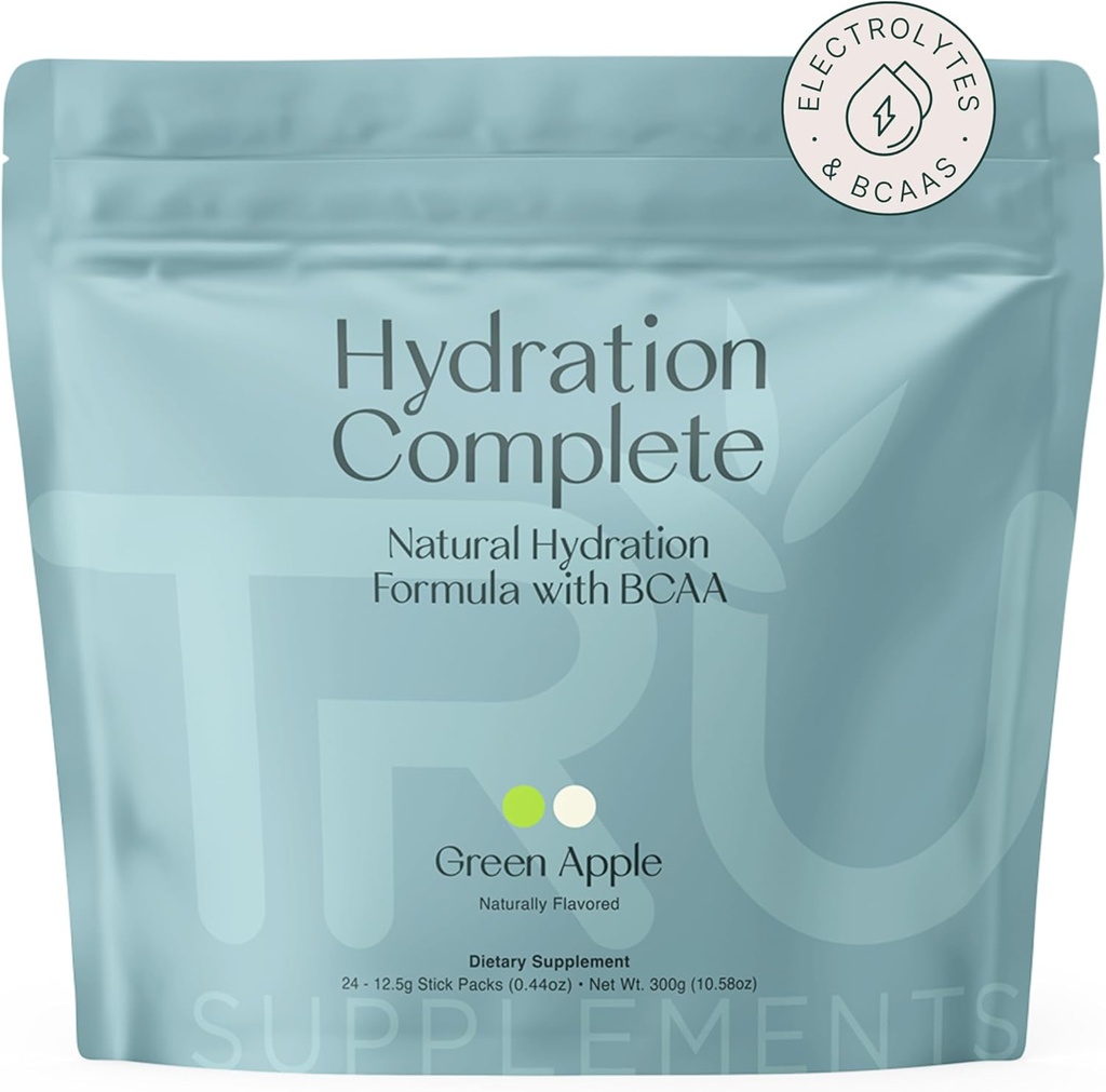 TRU Suplementos Hidration Complete BCAA, Aminoácidos basados en plantas + Sal de Himalaya Rosa, Electrolitos " L-Carnitina, Vegan, Cero Calories, Sin edulcorantes artificiales, 24 Servimientos, Manzana Verde
