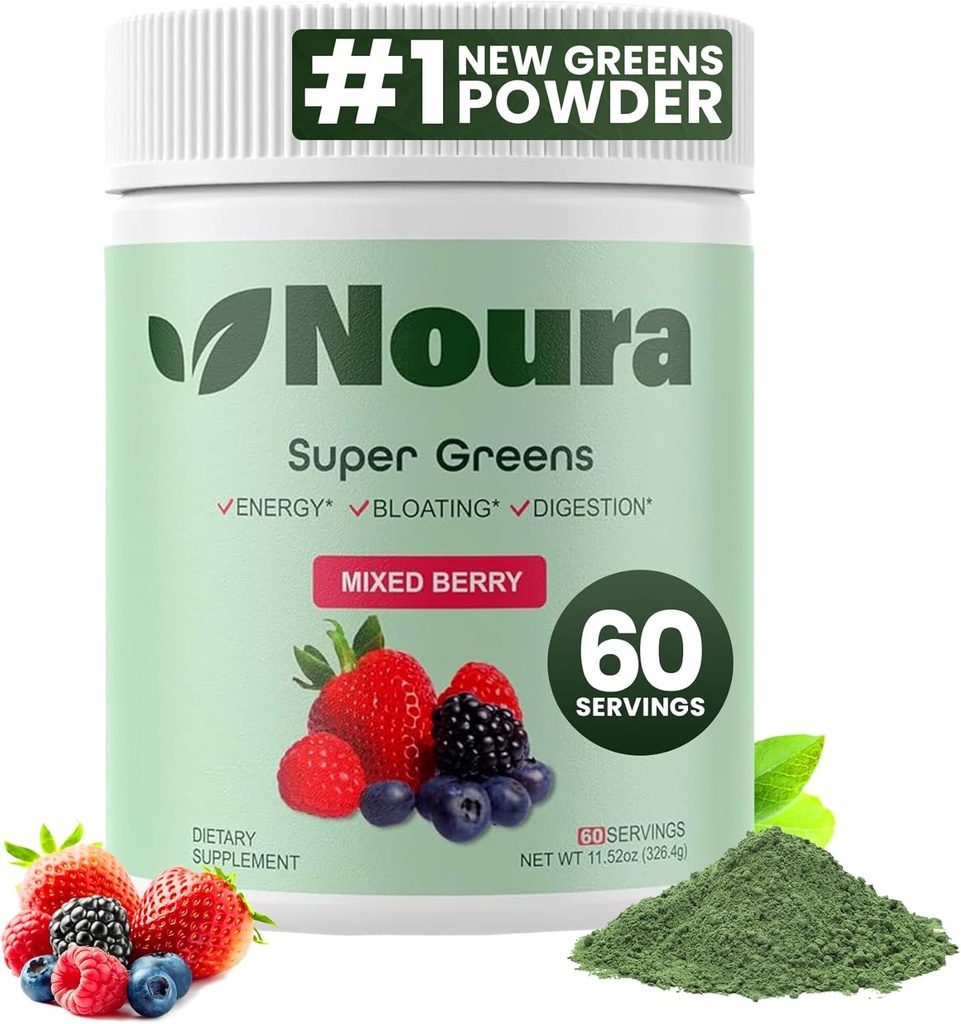 Super Greens Powder, 60 Servings - Inmunity, Digestive Enzymes & Probiotics for Energy, Gut Health, Bloating Relief for Women - Greens Superfood Powder - Mixed Berry