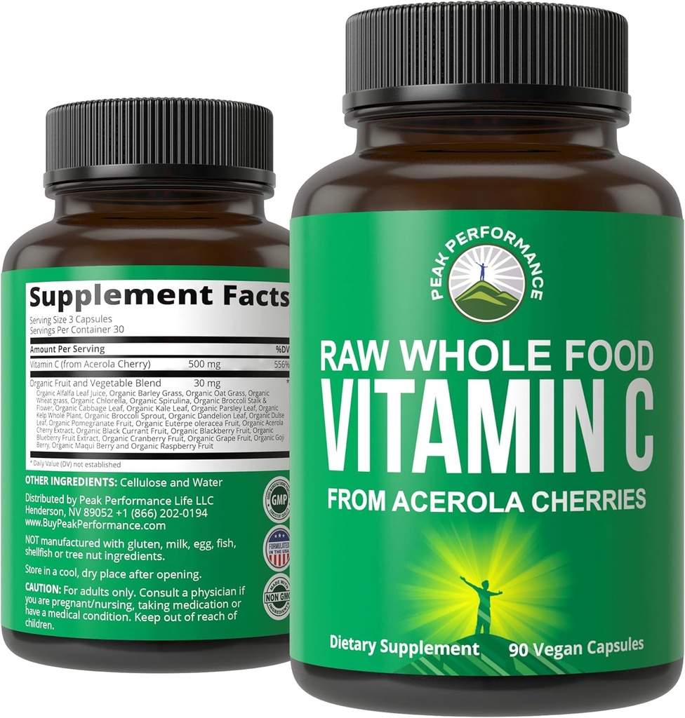 Rendimiento de pico Raw Whole Food Natural Vitamina C Capsules de Acerola Cherry para Max Absorption. Vegan EE.UU. Fuente vitamina C Suplemento 90 píldoras. 500 mg Servir o 2 Servir 1000 mg