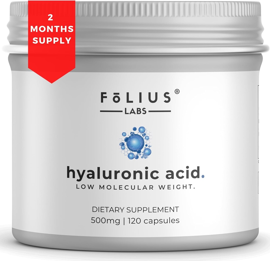 Ultra High Purity Hyaluronic Acid capsules 500mg - 95% Sodium Hyaluronate - altamente purificado y biodisponible - bajo peso molecular - no GMO Fermented - 120 cápsulas