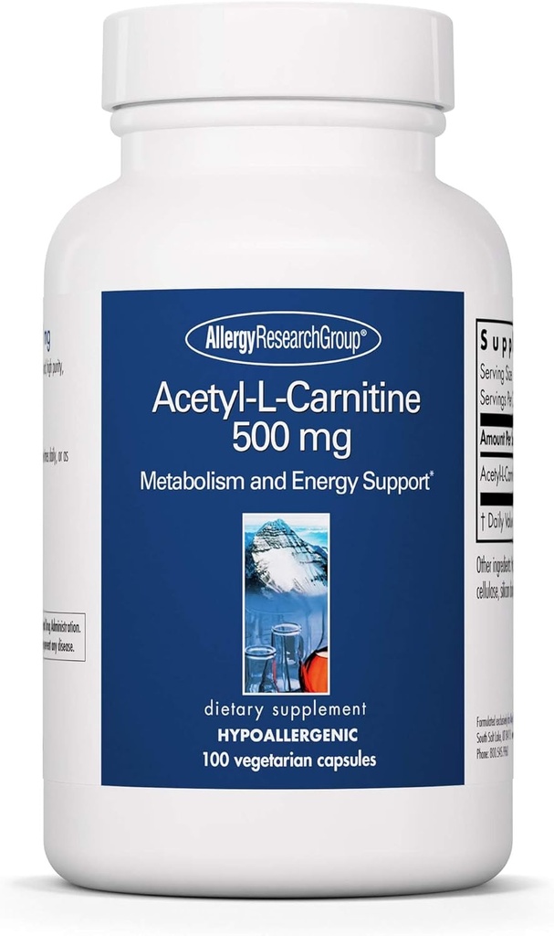 Allergy Research Group Acetyl-L-Carnitine 500mg Suplemento - Metabolism and Energy Support, ALC, Free Form Amino Acid, Vegetarian Capsules - 100 Conde