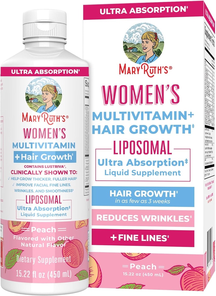 MaryRuth Organics Women's Multivitamin+Lustriva Hair Growth Liposomal ← Biotin 10000mcg ← Testado clínicamente para el cabello delgado, arrugas, líneas finas, cuidado de la piel con Ashwagandha ventajaMaca Root  15.22 Fl Oz