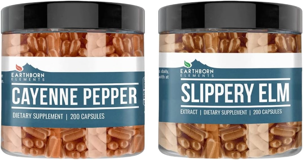 Elementos terrestres Cayenne Pepper & Slippery Elm Bundle (200 capsules cada uno) Puro " Undiluted, No Additives