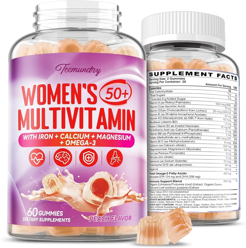 Mangas multivitamínicas para mujeres 50 Plus - con Omega 3, Coenzima Q10, Hierro, Calcio, Zinc, Vitamina A, C, D3, E, K2, B Complejo, Folato - Multi vitaminas &amp; minerales para la energía, belleza, inmuno, azúcar Gratis