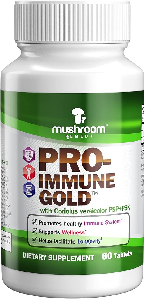 PRO-Inmune Gold ←Mejor Apoyo Inmunitario ←Clinically Studied Coriolus versicolor PSP+PSK & Ganoderma lucidum Mushroom Mycelium Extract, All-Natual, Suplemento Antioxidante, cGMP &amp; USA Made, 60 Tablets