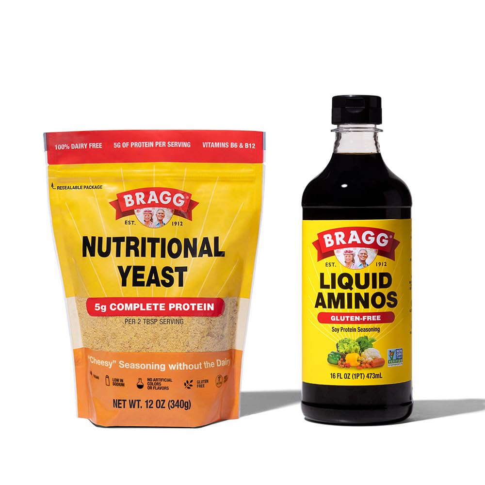Bragg Premium 12 onzas Nutricional Yeast Seasoning Pouch - Vegan, Gluten Free Cheese Flakes and Liquid Aminos All Purpose Seasoning – Soy Sauce Alternative 16 onza