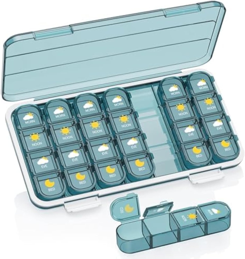 Organizador de píldoras 4 veces al día, caja de píldoras 4 veces al día 7 día - Acedada Caja de Medicina Semanal Organizador con Caso Separado, Dispensador de Contenedor diario portátil para vitamina, aceites de pescado, suplementos, azul