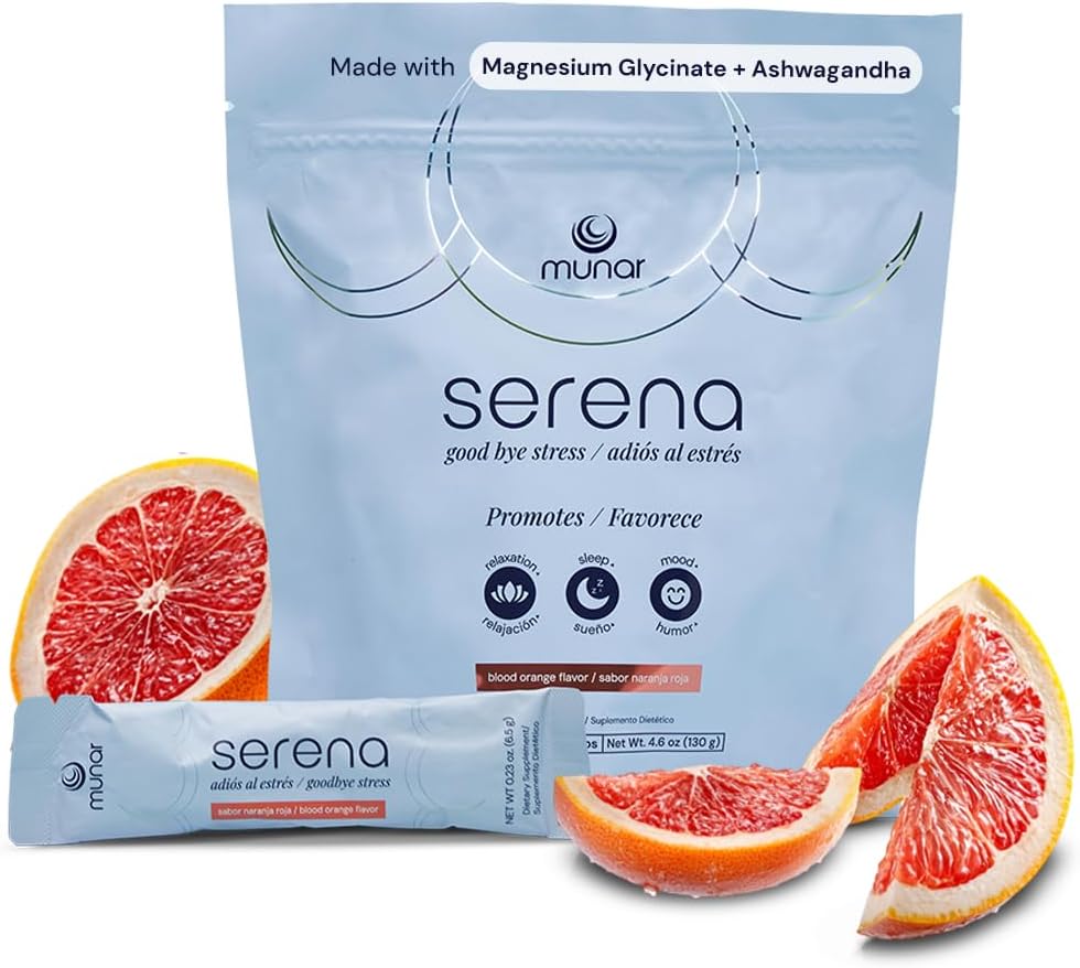 Munar Serena Magnesium Drink Mix, Blood Orange, Magnesium Glycinate y Ashwagandha Suplemento, L Theanine – Calm Support, Stress Relief, Mood Boost y Sleep Aid – 20 On-The-Go Stick Packs