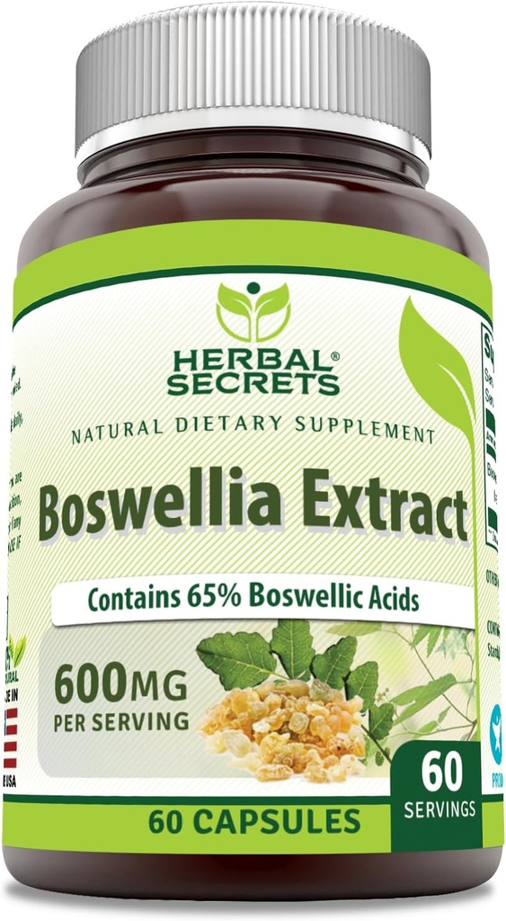 Herbal Secrets Boswellia Serrata Extracto Suplemento Silencio 65% Boswellic Acids  600 Mg Por Serving Silencio 60 Capsules ← Non-GMO ← Gluten-Free Silencio Made in USA