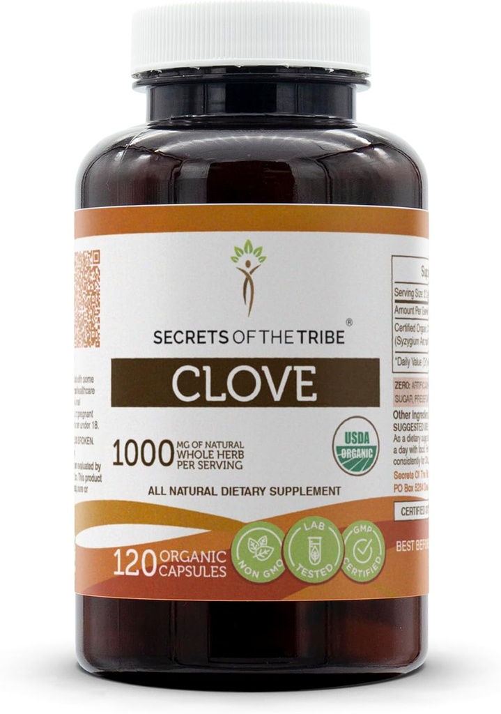Secretos de la Triba Clove 120 Capsules, 1000 mg, USDA Organic Clove (Syzygium Aromaticum) Dried Flower Buds (120 capsules)