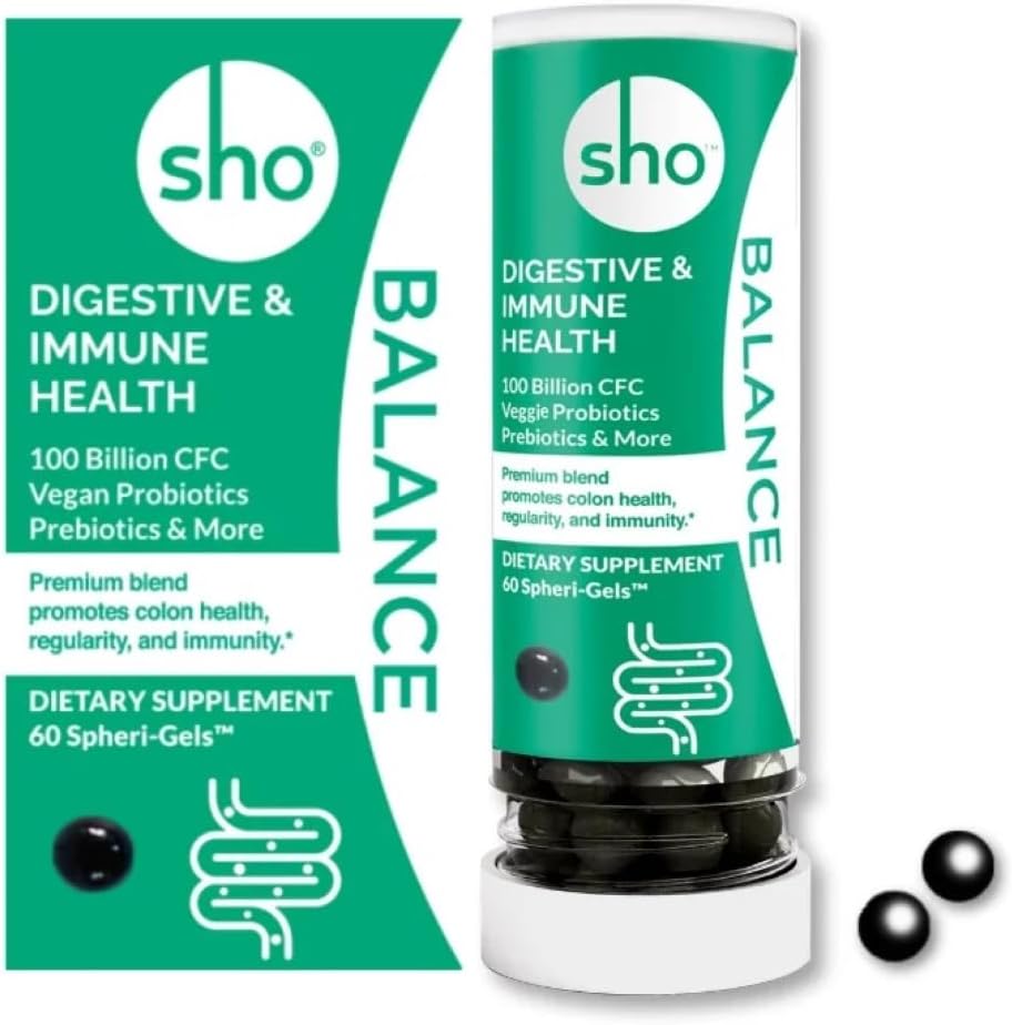 SHO Balance 100 Billion CFU Prebiotics and Probiotics Including Lactobacillus Casei for Digestive Health, Shelf-Stable Vegan Probiotics for Men and Women – 60 Pills Refill Bottle