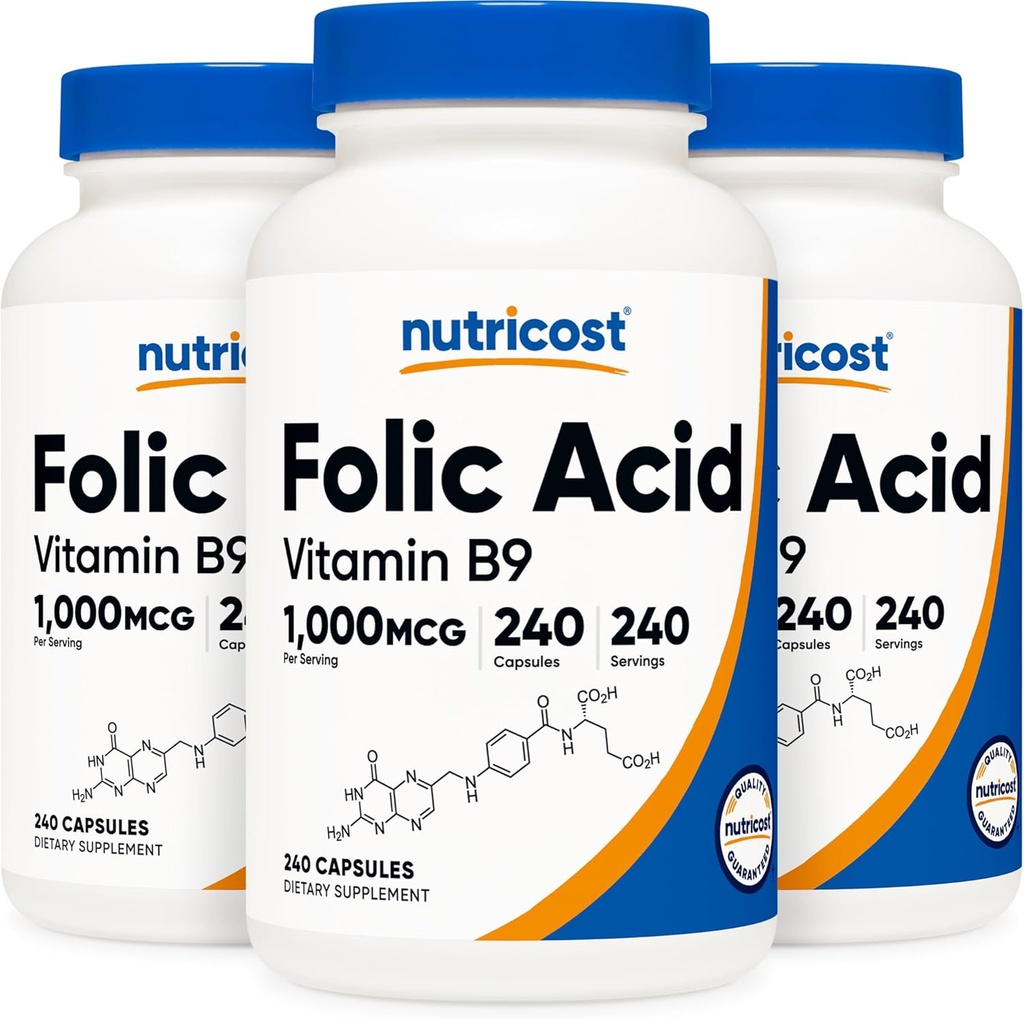 Nutricost Folic Acid (Vitamin B9) 1000 mcg, 240 cápsulas (3 botellas)