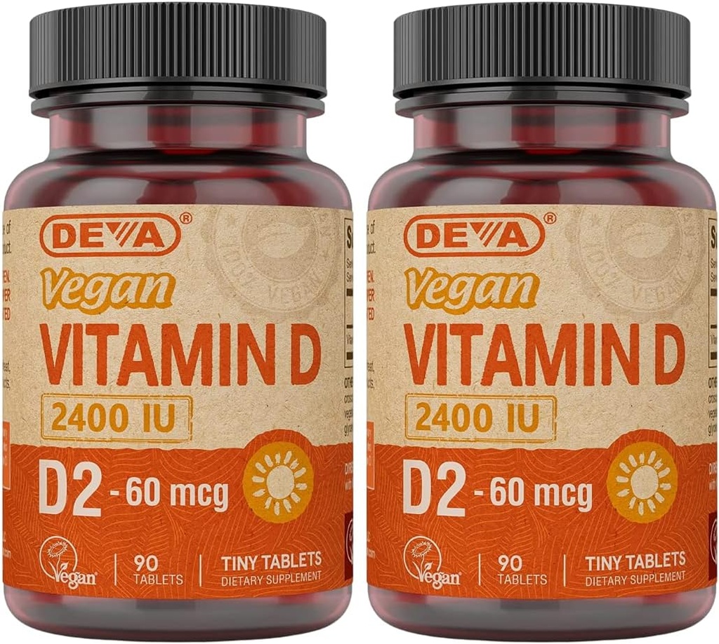 DEVA Vitamina Vegana D2 60 mcg 2400 UI, Suplemento Ergocalciferol sin ingredientes animales, 90 Tabletas (Pack of 2)