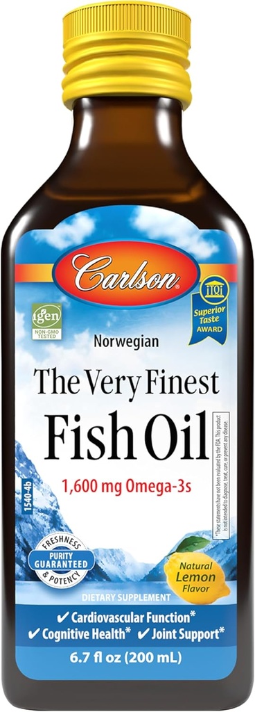 Carlson - The Very Finest Fish Oil, 1600 mg Omega-3, Liquid Fish Oil Supplement, Norwegian Fish Oil, Wild-Caught, Sustentably Sourced Fish Oil Liquid, Lemon, 200ml, 6.7 Fl Oz