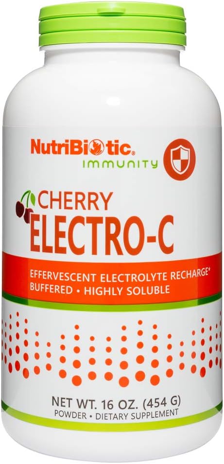NutriBiotic - Cherry Electro-C Vitamina C & Electrolyte Powder, 16 Oz  850 Mg Vitamina C Por Serving ← Effervescent Electrolyte Recarga ← Buffered " Highly Soluble ← Non-GMO " Gluten Free
