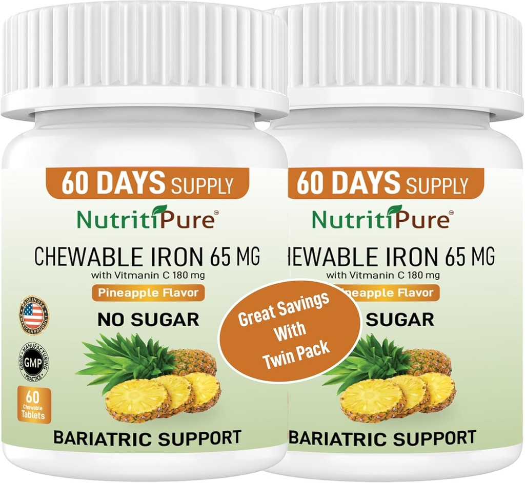 Hierro picante 65 mg con vitamina C 180 mg - Tabla en sabor de piña 60 Conteo (2)
