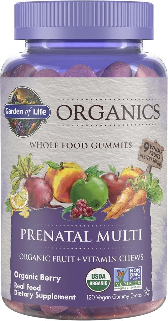 Jardín de Vida Orgánicas Gummies prenatales Multivitamínicos con Vitamina D3, B6, B12, C &amp; Folate for Healthy Fetal Development – Organic, Non-GMO, Gluten-Free, Vegan, Berry Flavor, 30 Day Supply