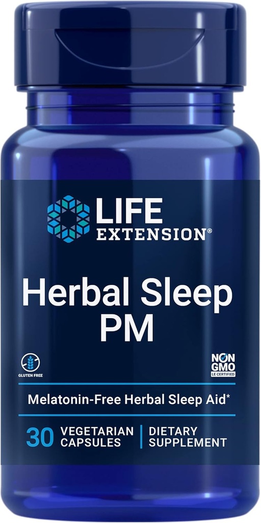 Extensión de la vida Herbal Sleep PM, Lemon Balm, honokiol (magnolia bark), Chamomile, promueve el sueño saludable, libre de hormonas, libre de melatonina, libre de gluten, no GMO, vegetariano, 30 cápsulas