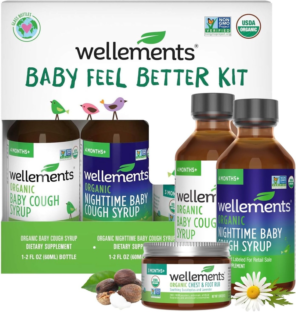 Wellements Organic Baby Feel Better Kit for 4 Months+ tención Day & Night Syrups with Chest & Foot Rub ← Soothing Comfort* for Babies latitud USDA Certified Organic, Non-GMO, Gentle Baby Care Set
