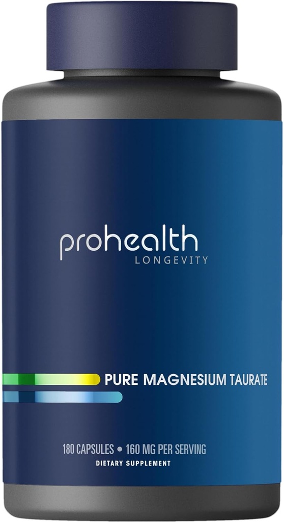 ProHealth Pure Magnesium Taurate, 160mg per Serving ← Optimal Bioavailability Supplement for Healthy Aging ¦ Apoya Cerebro, Corazón y Muscle Health ← Third-Party Tested for Quality ← 180 Capsules