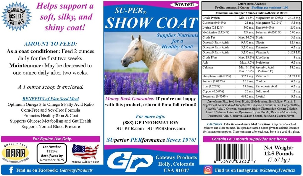 SU-PER Show Coat Supplement for Horses - Supports Soft, Silky, and Shiny Coat - Faster Mane and Tail Growth - Amino Acids, B-Complex Vitaminas y Minerales - 12.5 Libra, 3 Month Supply