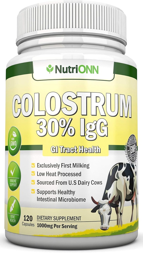 Colostrum - 1000mg - 120 cápsulas - 30% IgG - No GMO Lácteos de EE.UU. - Primero Colostrum de Bovino de Leche - Baja Calor Procesado - Grande para GI Salud Tract - Soporte Inmunitario - Bonificación y salud muscular