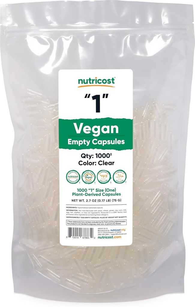 Nutricost Empty Capsules Tamaño 1 Vegan - 1.000 cápsulas vacías de base vegetal - Kosher Certified, Halal Certified, Non-GMO, Soy Free, Gluten Free, Vegetarian